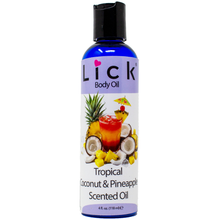 Load image into Gallery viewer, Lick Tropical Coconut and Pineapple Scented Body Oil - bottle front view