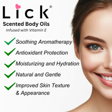 Load image into Gallery viewer, Lick Scented Body Oil - benefits graphic