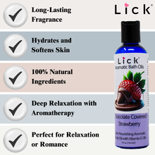 Load image into Gallery viewer, Lick Chocolate Covered Strawberry Aromatic Bath Oil - benefits graphic
