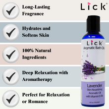 Load image into Gallery viewer, Lick Lavender Bath Oil - benefits graphic