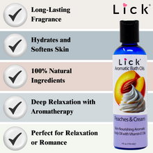 Load image into Gallery viewer, Lick Peaches and Cream Aromatic Bath Oil - benefits graphic