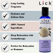 Load image into Gallery viewer, Lick Vanilla Bath Oil - benefits graphic
