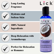Load image into Gallery viewer, Lick Coconut Aromatic Bath Oil - benefits graphic
