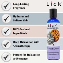 Load image into Gallery viewer, Lick Cookies and Cream Aromatic Bath Oil - benefits graphic
