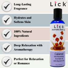 Load image into Gallery viewer, Lick Caramel Bath Oil - benefits graphic
