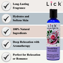 Load image into Gallery viewer, Lick Moonlit Rose - Rose and Jasmine Aromatic Bath Oil - benefits graphic

